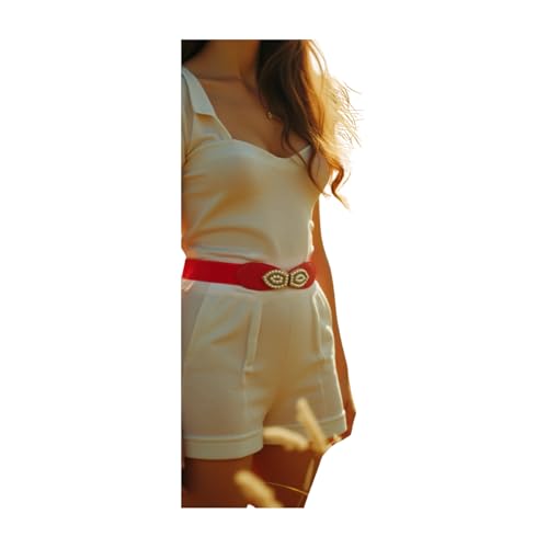 Women Stylish Coral Color Elastic Waistband Belt Hip Waist Gold Metal Eye Buckle S M z2352