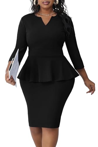 Runwind Plus Size Dresses for Curvy Women, Work Church Professional Office Vintage Peplum Pencil Dress V Neck 3/4 Sleeve