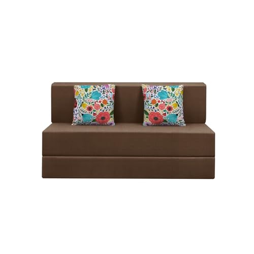 Image of Rosebell-4x6-Feet Modern Sofa Bed, Space-Saving Folding Couch with Jute Fabric, Dual Floral Accent Cushions, Compact Sleeper Sofa for Living Room, Guest Room & Small Apartments-Brown
