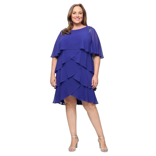 Image of S.L. Fashions Women's Plus Size Tiered Chiffon Cocktail Party Dress with Attached Cape & Beaded Shoulders