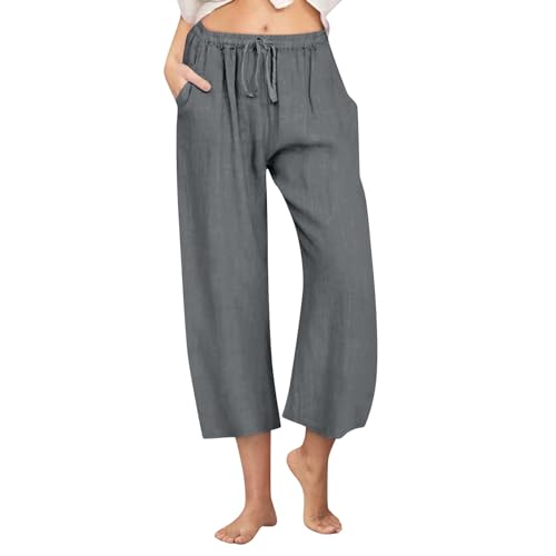Straight Leg Pants for Women Petite Cropped High Waisted Linen Pants Beach Vacation Pull On Capri Pants with Pockets