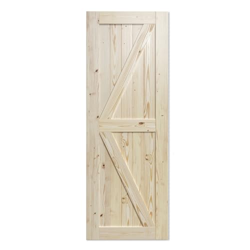 Image of SmartStandard 34in x 84in Sliding Barn Wood Door Pre-Drilled Ready to Assemble, DIY Unfinished Solid Spruce Wood Panelled Slab, Interior Single Door Only, Natural, K-Frame (Fit 6FT Rail)