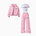 FQZWONG Kpop Girls 3 Piece Outfits Short Sleeve Shirt and Long Sleeve Hooded Jacket and Jogger Sweatpants Cartoon Set