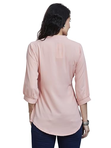 Image of nioni Women's Purple Poly Linen Blend Tunic Top with 3 /4 Sleeves, Printed Yoke, Kantha Stitch Detailing & Mandarin Collar