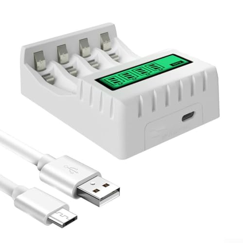 Filteilect Chargeur de batterie à écran LCD avec 4 emplacements pour piles rechargeables AA/AAA NiCd, adaptateur de charge intelligent avec port USB, boîtier en métal, charge rapide (blanc)