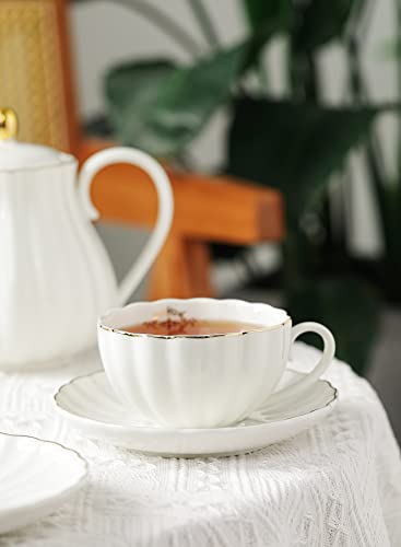 Amazingware Royal Tea Cups And Saucers, With Gold Trim And Gift Box, British Coffee Cups, Porcelain Tea Set, Set Of 6 (8 Oz)- White #TOP2