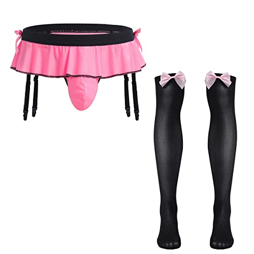 ABAFIP Men's Sissy Lingerie Skirted Garters Belt Panties Bowknot Stockings 2 Piece Crossdressing Underwear Honeymoon Valentine Nightwear set Pink-socks set One Size