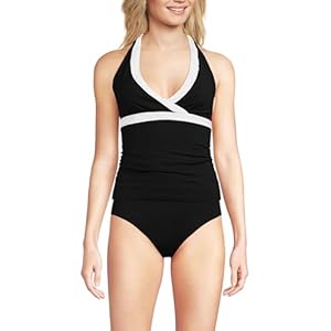 Lands' End Women's D-Cup Chlorine Resistant V-Neck Halter Tankini Swimsuit Top (X-Large) D Black/White