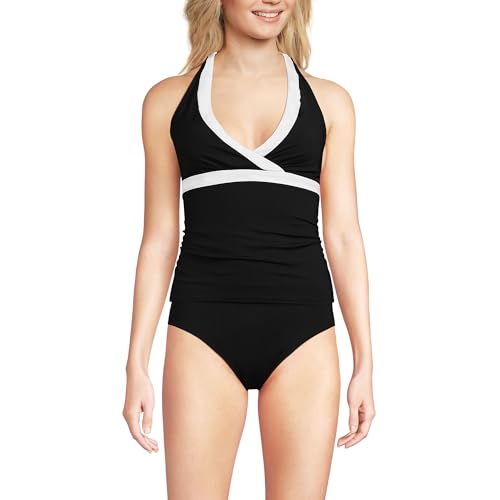 Lands' End Women's D-Cup Chlorine Resistant V-Neck Halter Tankini Swimsuit Top (X-Large) D Black/White