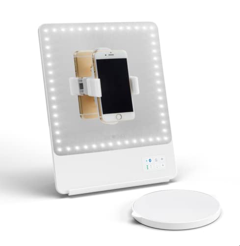 Super Deal Product Riki Skinny Smart Vanity Mirror with HD LEDs, Magnifying Mirror Attachment, Phone Holder and Bluetooth Control (White, 5X Magnification)