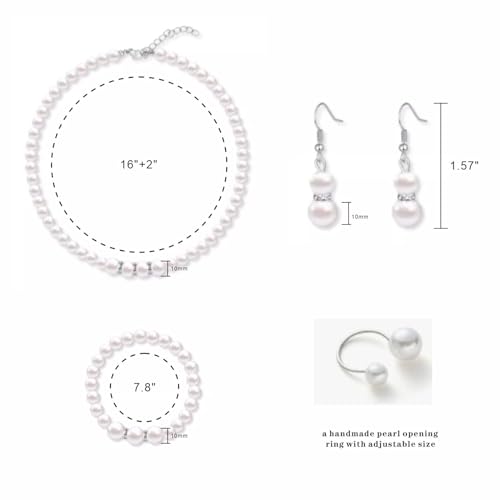 4 Pcs Pearl Jewelry Set 1920s Costume Jewelry Necklaces Pearl Hoop Earring Bracelet Ring for Women Wedding Jewelry Sets2