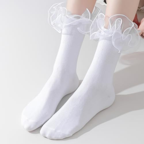 Mini Angel Ruffle Socks for Women - Double Lace Frilly Ankle Cotton Turn Cuff Crew Princess Lolita3