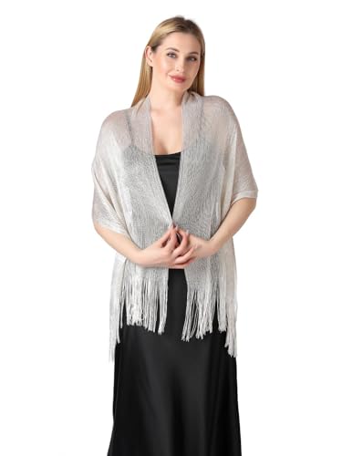Image of Stoles for Evening Dress with Buckle, Fringes - Polyester Blend, Shimmer Stole Wraps for Weddings, Party | Women's Clothing