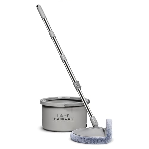 HH1 Spin Mop And Bucket Set 2 in 1 360° Quick Spinning Clean and Dirty Water Separation Wringing System Rotating Suitable for All Flooring With Handle 2 Microfibre Mop Velcro Head (Grey)