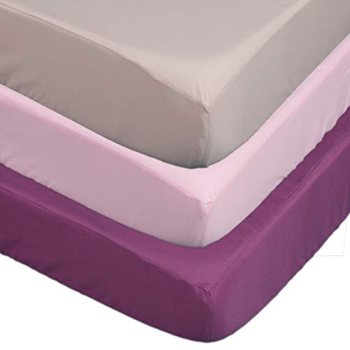 Image of Belsden 3 Pack Soft Waterproof Crib Sheets, Wipeable Machine Washable Crib and Toddler Mattress Pad Cover, Fitted Microfiber Baby Girl Sheets Set, 28’’x 52’', Pink & Purple & Apricot