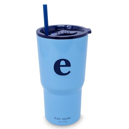 kate spade new york 20 Ounce Insulated Initial Tumbler for Cold and Hot Drinks with Reusable Straw, Stainless Steel Travel Cup with Slide Top Lid (E)