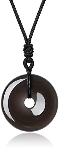 AMORWING Adjustable Round Donut Black Obsidian Pendant Grounding Stone Protection Necklace