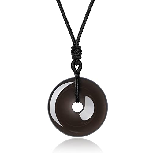 Amorwing Adjustable Round Donut Black Obsidian Pendant Grounding Stone Protection Necklace #TOP3