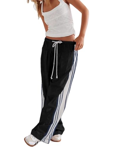 Palazzo Pants for Women Casual Wide Leg Parachute Y2K Pants Woman Drawstring Side Striped Baggy with Pockets