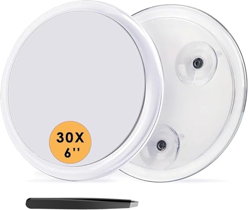 Auxmir Miroir Grossissant 30X Rond Mural avec 3 Ventouses, Miroir Cosmétique de Poche Portable avec Pince à Épiler pour Maquillage Épilation Elimination Points Noirs (15cm)
