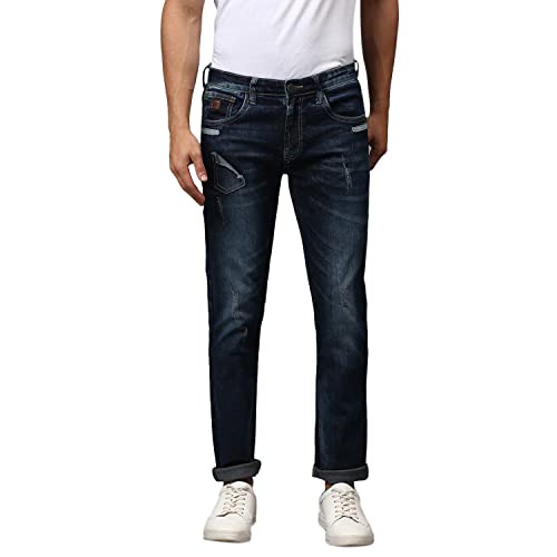 Image of CAHOOT Men's Navy Blue Tapered Dark- Wash Denim Jeans | Stretchable Cotton Mid-Rise Denim Jeans Crafted with Comfort Fit and High Performance for Everyday Wear