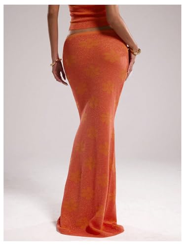 MakeMeChic Women's Boho Beach Floral Knitted Maxi Skirt Elastic Waisted Low Rise Long Skirts3