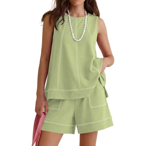 LOMON Womens Two Piece Short Sets Summer Round Neck Sleeveless Tank Tops Drawstring Elastic Waist Shorts with Pockets Green Small