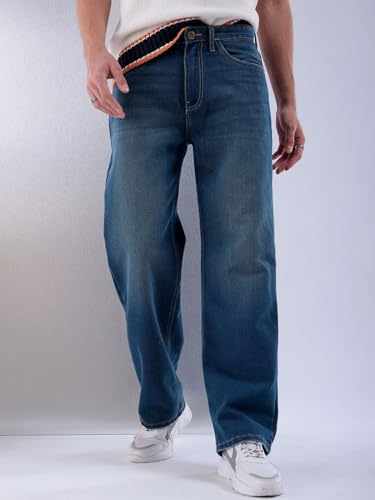 Image of The Indian Garage Co Men Baggy Solid Mid-Rise Stretchable Jeans