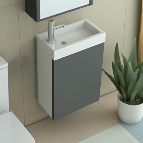 Lavabo Vasque Lave-Mains Salle de Bain Lave Mains Lavabo de Salle de Bain Set Toilette WC “Aarau” Gris Ensemble Meuble-lavabo évier Vasque Lave-Mains...
