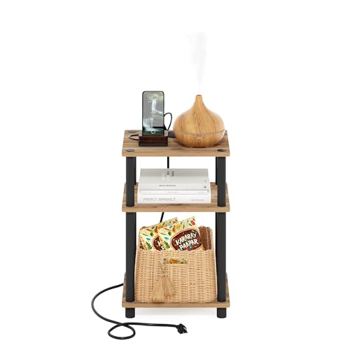 Image of Furinno Just 3-Tier Turn-N-Tube USB and Type-C Charging Port End Table with Open Storage, 11.42 (W) x 8.82 (H) x 6.77 (D) inches, Flagstaff Oak /Black