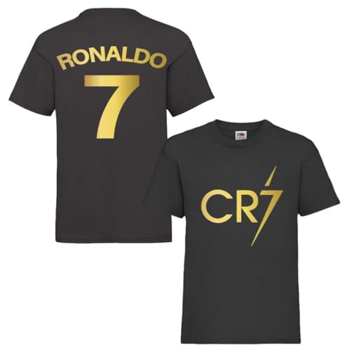 Kids Ronaldo Inspired Soccer T Shirt Footy Merch Ronaldo TEEs Boys Girls Gift Top Tee 5-13yrs Number 7# 7 CR7 Cristiano Ronaldo T-Shirt, Size 12-13, Black
