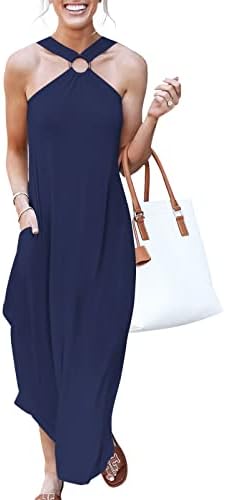 Prinbara Women's Summer Casual Loose Tank Beach Cover Up Racerback Cross Front Long Maxi Dresses 4PA78zanglan-M