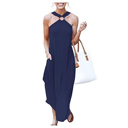 ANRABESS Feminino Vestido De Verão Feminino Com Decote Halter, Sem Mangas, Fenda Lateral, Casual, Praia, Viagem, Férias, Maxi Vestido Longo Com Bolsos, Azul Marinho, Tamanho Grande