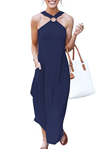 ANRABESS Women's Summer Casual Criss Cross Sundress Sleeveless Split Maxi Long Beach Dress with Pockets, Navy Blue, X-Large