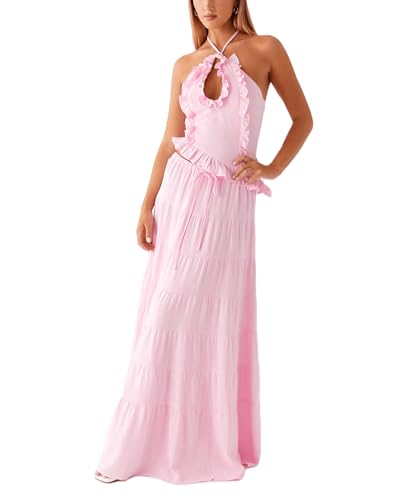 Womens 2 Piece Maxi Skirt Set Y2k Halter Ruched Cami Top Tiered Flowy Ruffle Skirt 2025 Summer Beach Outfits