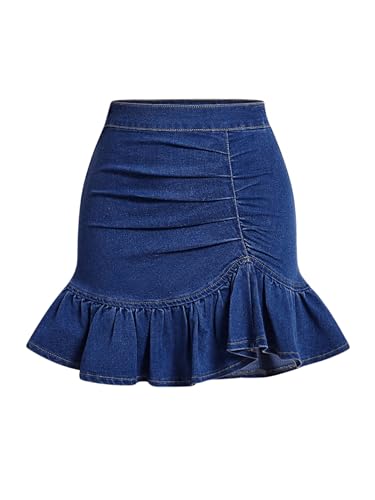 Floerns Women's Denim Skirts Ruffle Hem Short Skirts Ruched Bodycon Mini Skirts