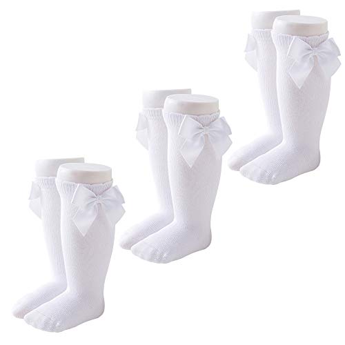 Image of CozyWay Baby Girls Knee High Socks with Bow Long Stockings Infants Toddlers Ruffled Socks School Uniform Leggings