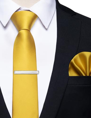 Image of YourTies Skinny Ties for Men Satin 2.4 inch Slim Necktie with Pocket Square Tie Clip Set Solid Color Wedding Party Business
