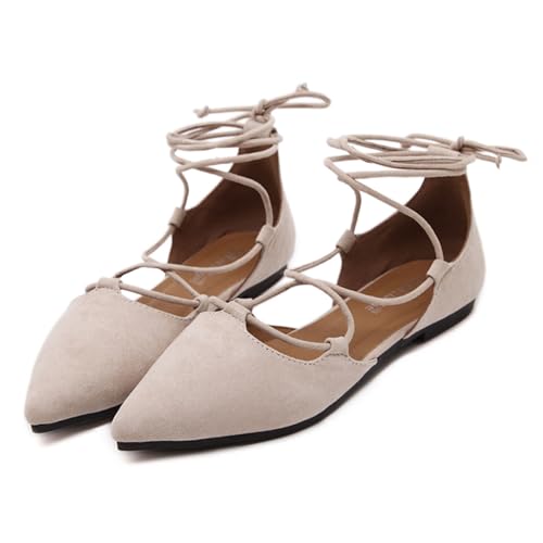 Bellirala Women's Pointy Toe Ballet Flats Cross Strap Wrap Ballerina Shoes Faux Suede Lace Up Closed-Toe Flat Strappy Sandals