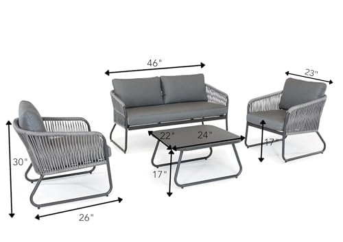 Image of DEVOKO Outdoor Unique Design Rope 4-Piece Bistro Set with Seat Cushions and Pillows Included with Center Table in Square Shape for Garden, Balcony, Pool, Backyard (Grey)