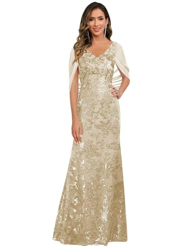 VCCICANY Sequin Mermaid Mother of The Bride Dresses for Women V Neck Long Evening Formal Gown with Cape Sleeves