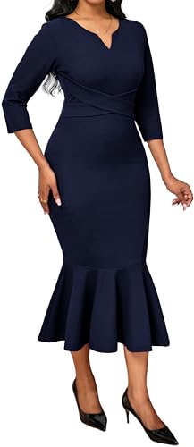 Image of Elegant Dress for Women Sexy V Neck Long Sleeve Bodycon Midi Fishtail Dresses