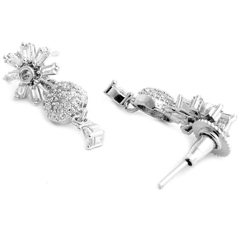 ZENEME Rhodium Plated Silver Toned White American Diamond Studded Necklace With Earring Jewellery Set For Woment and Girl