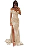 Champagne Mermaid Prom Dresses for Women Sparkly Sequin Ball Gown with Slit Long Pleated Evening Formal Gowns Size 16