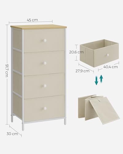 SONGMICS Kommode, Aufbewahrungsschrank mit 4 Stoff-Schubladen, Metallrahmen, hoch und schmal, kamelgelb-cremeweiß LTS314W01