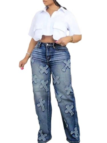 high Waisted Jeans for Women Casual Vintage Waisted Wide Sexy Straight Leg for X Embroidery Bule Leg Jeans