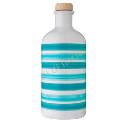 Aceite de Oliva Virgen Extra 500 ml | Tarro de Cerámica Decorado a Mano | 100% Apulia Italiana | Prensado en Frío y Artesanal | Idea de Regalo Gourmet (Aguamarina)