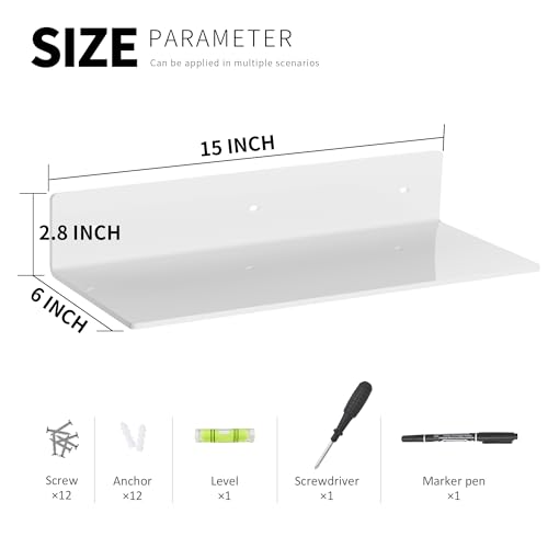 Image of 4 Pack White Acrylic Floating Shelves 15 Inches, Wall Hanging Bathroom Shelves, Wall Organizer Shelf for Kitchen, Living Room, Bathroom, Retail, Supermarket, 4 Pack