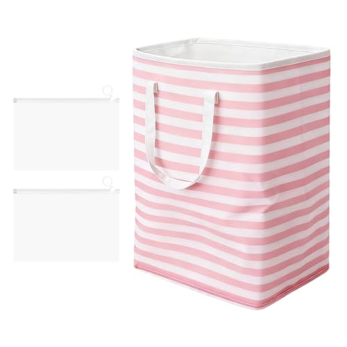 APOMOONS 75L Rosa Rayas Cesto para la Ropa Plegable con 2 Cremallera Bolsa de Almacenamiento, Bolsa de Lavandería con Asa Grande Cesto Plegable para la Ropa para Dormitorio, Baño, Apartamento de
