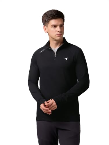 Image of TECHNOSPORT Men's Solid Quarter Zip Gym Slim Fit Active Sports T-Shirt with COTFLEX Full Sleeve Cotton Feel Polyester 4-Way Stretch Memory Fabric Lightweight Workout Running Training
